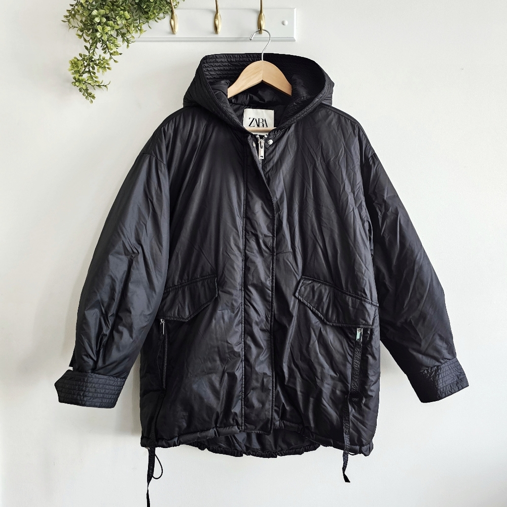 Zara Black Hooded Puffer Jacket Unisex Oversized Utility Winter Coat M